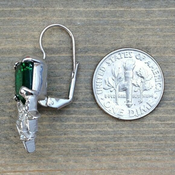 Vintage Barbara Mandrell Stars Green White Rhinestone Silver Tone Drop Earrings - Picture 3 of 4